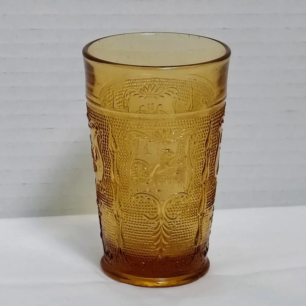 Vintage Glass Tumbler Amber Floral Crest Design Marked with‎ a CG on Bottom